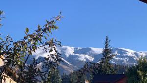 a view of snow covered mountains from a house at Chalet Bakuriani in Bakuriani