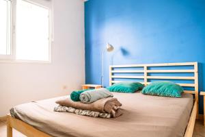 a bed with two pillows and a blue wall at Surf House Gran Canaria in Las Palmas de Gran Canaria