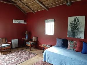 a bedroom with a bed and a red wall at Zeekoegat Historical Homestead in Riversdale