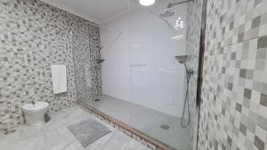ein weißes Badezimmer mit Dusche und Toilette in der Unterkunft Santa Luzia Apt I in Ribeira Grande + 8 Fotos