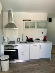 a white kitchen with a sink and a stove at DouroXisto in Peso da Régua