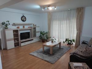 a living room with a tv and a coffee table at Cosy apartment I in Târgu-Mureş