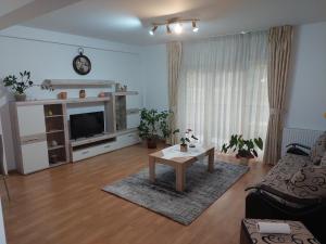 sala de estar con sofá, mesa y TV en Cosy apartment I, en Târgu Mureș