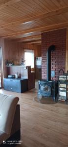 salon z piecem opalanym drewnem w pokoju w obiekcie Chata z widokiem na Babią Górę w mieście Pewel Wielka