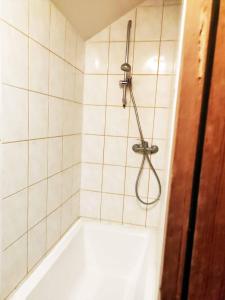 uma banheira na casa de banho com um chuveiro em FREIraum em Küps