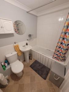 a bathroom with a toilet and a sink and a tub at Cosy 3 bedroomed home on 3 floors in Darlington