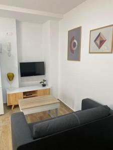 Una sala de estar con un sofá y un televisor. en Precioso apartamento con patio/terraza Zona centro, en Jerez de la Frontera
