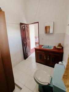 a bathroom with a toilet and a sink and a mirror at El Curichal Hostel in Rurrenabaque