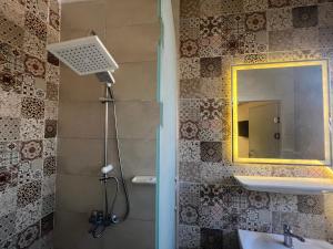 a bathroom with a shower and a sink and a mirror at Bedouin Pyramids View in Cairo