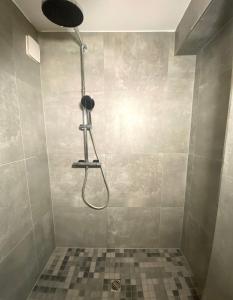 een douche met een douchekop in de badkamer bij Im Grünen von Kiel in Kiel