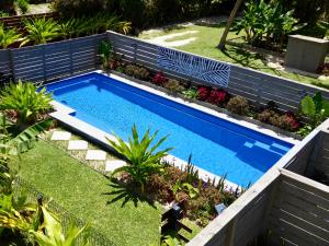 an overhead view of a swimming pool in a garden at Muri Beachside Villa with pool in Rarotonga