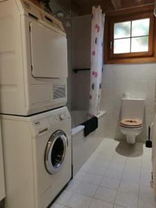 a bathroom with a washing machine and a toilet at Confortable chalet avec magnifique vue en Gruyère. in Charmey