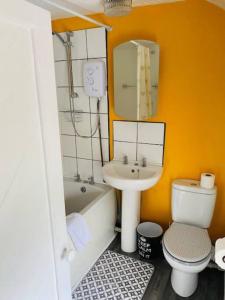 a bathroom with a sink and a toilet and a mirror at Bikers Grove Cottage in Troed-y-rhiw