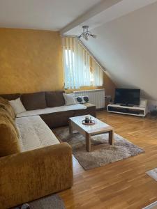 een woonkamer met een bank en een salontafel bij Apartman ELENA in Zlatibor