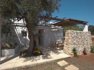 a patio with a tree and a stone wall at I Mulicchi in Specchia +16 photos