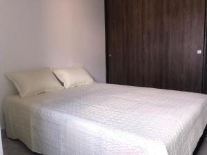 een slaapkamer met een bed en een houten kast bij Apartamento cómodo, céntrico y bien ubicado apto 404 in Medellín
