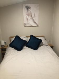 ウォルトン・オン・ザ・ネーズにあるModern 3 bedroom caravan near the beachのベッド1台(上に青い枕2つ付)