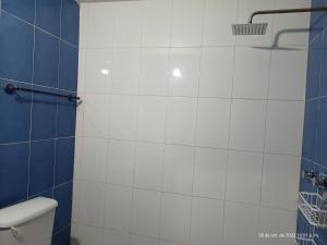 baño con aseo y azulejos azules y blancos en Casa de Claudia y Hugo en Oaxaca de Juárez