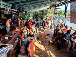 a group of people sitting at a bar at The Hideaway in Kampot