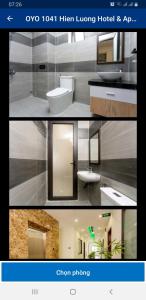 a collage of two pictures of a bathroom at căn hộ Hiền Lương in Da Nang