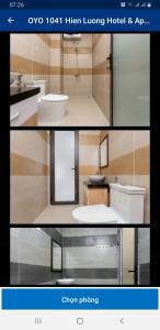 a collage of two pictures of a bathroom at căn hộ Hiền Lương in Da Nang
