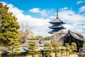 a pagoda in a park with trees and a building at ゲストハウス至の宿 Shibainu-Themed Guesthouse in Kyoto