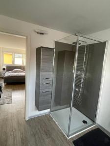 uma cabina de duche em vidro numa sala com um quarto em le cadeau em Wincheringen
