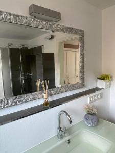 a bathroom sink with a large mirror above it at le cadeau in Wincheringen