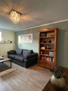 uma sala de estar com um sofá e uma estante de livros em le cadeau em Wincheringen