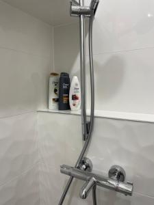 a bathroom with a shower head and a sink at Oldtown apartment in Vilnius