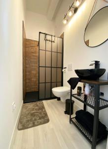 a bathroom with a sink and a toilet and a mirror at Rooftop Face à la Cité 'RFC' in Carcassonne