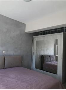 a bedroom with a bed and a large mirror at Country House in Pachia Ammos