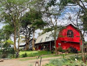 un fienile rosso seduto accanto a un bosco di alberi di Gorgeous Well Equipped Modern Guest House in Loresho a Nairobi