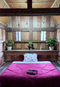 um quarto com uma cama rosa com dois comandos remotos em Toraja Homestay & Coffee Bunna em Rantepao