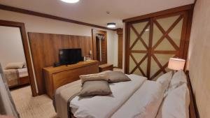 a bedroom with a large bed and a television at Apartman B428 Vucko private host in Jahorina