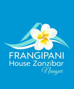 a label for a travel agency with a frangipani flower at Frangipani House Nungwi Zanzibar in Nungwi