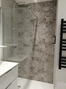 um chuveiro com uma porta de vidro na casa de banho em Le Riccoty em Blyes
