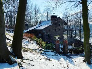 een oud huis in het bos in de sneeuw bij Trumpet House in Leuven