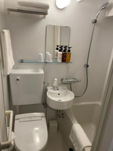 uma casa de banho com um WC, um lavatório e um espelho. em Hotel Classe Stay Chitose em Chitose