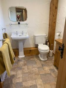 a man taking a picture of a bathroom with a toilet and sink at Character 1 bedroom country annex in West Camel in Yeovil