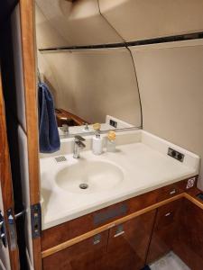 a bathroom with a sink and a mirror at AEROTEL VIP in Hoedspruit
