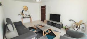 a living room with a couch and a tv at T2 Zen Évasion tout confort climatisé Saint Denis in La Montagne