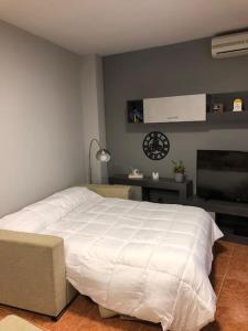 a bedroom with a large white bed and a table at CHEZ GREDOS in Candeleda