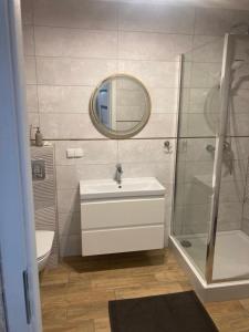 a bathroom with a sink and a shower and a mirror at Apartament 2B-5 Żarnowska in Żarnowska