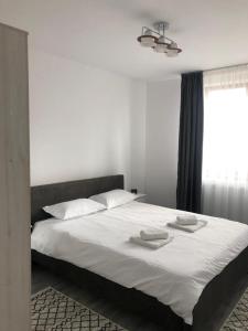 Un dormitorio con una cama grande con dos toallas encima. en Ilinca-ZGATIA, en Piatra Neamţ