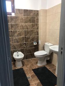 Un baño con dos inodoros y un lavabo. en Ilinca-ZGATIA, en Piatra Neamţ