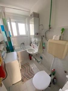 een witte badkamer met een toilet en een wastafel bij Danube in Vukovar
