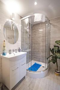 een badkamer met een douche en een wastafel bij R69 Apartment in Boedapest