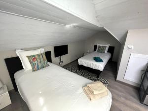 a attic room with two beds and a tv at Le 3 de Coeur Annecy in Annecy