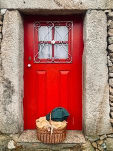 a red door with a basket in front of it at Casa do Manel in Trancoso